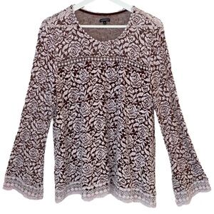 HANNAH Top Bell Sleeve Mesh Chanille Rosette Deep Burgundy Cream Women Size XL